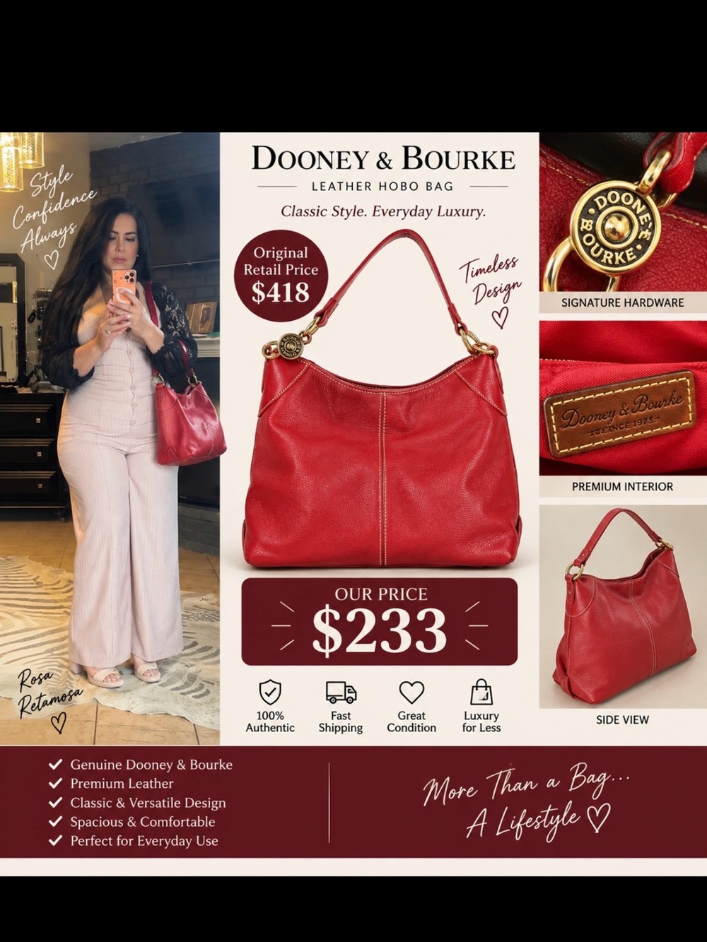 Dooney & Bourke Red Leather Hobo Shoulder Bag